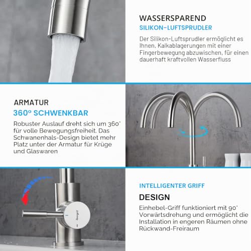 Ibergrif M22110, Edelstahl Küchenarmatur, Einhebel Wasserhahn für Küche mit hoher Auslauf 271 mm, Matt, Grau – Ansicht 5