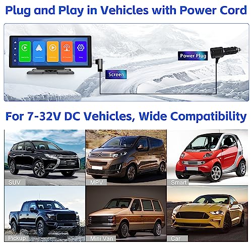 CAMECHO Wireless Apple Carplay Portable Car Stereo Android Auto, 10.26 Inch HD IPS Touch Screen Carplay Screen for Car, Portable Radio Receiver with Voice Control GPS Bluetooth FM AUX 32G TF Card