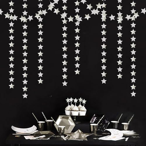 Image of Glitter-Silver Party-Decorations Star Christmas Garland - 62ft Birthday Twinkle Little Star Hanging Streamers Banner,Bachelorette Engagement Wedding New Years Supplies Decor Hugtmr