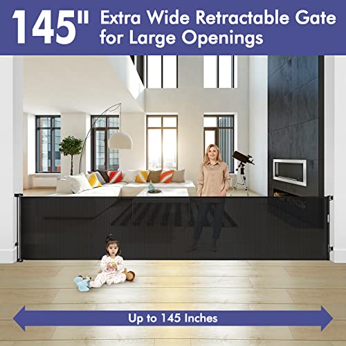 145 Inch Extra Wide Baby Gate For Extra Wide Openings Retractable Baby Gates For Doorways Outdoor Pet Gates For Dogs Indoor Large Baby Gate Retractable Gate Adjustable Large Dog Gate For Stairs, Black #TOP1