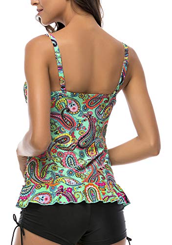 Image of Women's 50's Retro Ruched Tankini Swimsuit Top with Ruffle Hem Tummy Control
