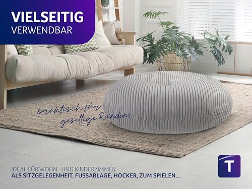 Traumnacht Cozy Bodenkissen aus gemütlichem Cord-Bezug, steingrau, rund mit 105cm Durchmesser und 25cm hoch, 3.260g Füllgewicht, produziert nach deutschem Qualitätsstandard