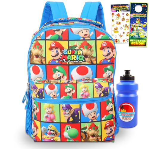 Nintendo Mochila Mario para meninos – Pacote com bolsa escolar de videogame de 40 cm e garrafa de água, adesivos e mais | Mochila Super Mario Bros para crianças, meninos