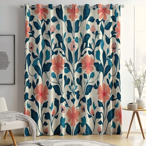 Cortinas Opacas con Aislamiento térmico, Estilo William Morris Cortinas con Flores Hojas Estampadas, 140 x 245 cm (2 Paneles) para Dormitorio Salon Habitacion Cortinas de Casa con Ojales