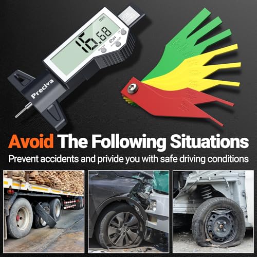 Image of Preciva Tire Tread Depth Gauge & Brake Lining Gauge Set, Digital Tire Depth Gauge with Large LCD Display and Inches, Millimeters, Fraction Conversion, for Tread Depth, Brake Shoe and Pad Wear