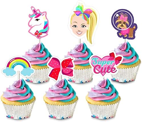 24 Jojo Cupcake Toppers Birthday Party Cake Decorations - Unicorn, Bow, Dog, Rainbow - Toppers
