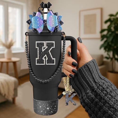 Hpebl 9PCS Black for Stanley Cup Accessories Set Bling Initials Bow Charms for Stanley Decorations 30/40 Oz Tumbler Accessories Including Bow Straw Topper, Handle Strap, Spill Stopper（Letter K） - image 2
