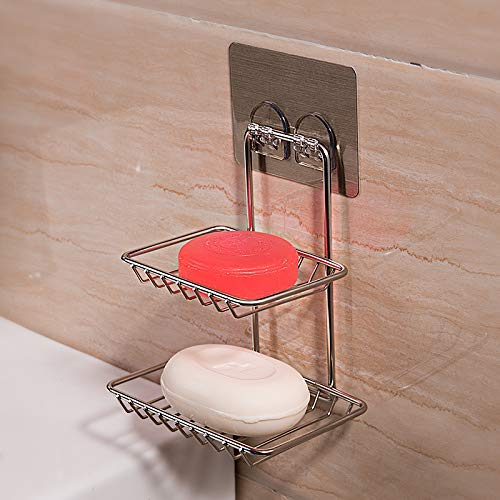 Mobhada with Device Wall Mounted Double Layer soap Dish Holder Stainless Steel Wall Hanging Soap Storage Rack for Kitchen Bathroom (Silver) 3