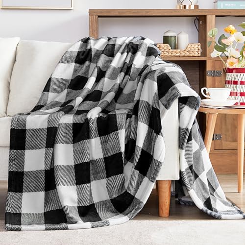 Touchat Fleece Throw Blankets, Buffalo Plaid Throw Blanket for Couch Sofa Bed, Soft Warm Fuzzy Cozy Plush Checkered Blanket, Lightweight Farmhouse Decor(Black and White Plaid, 50“ x60”)