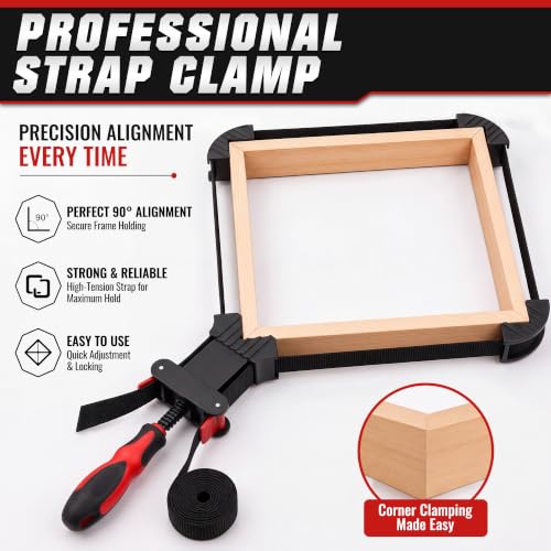 Image of Feekoon 2 Pack 13 FT Belt Band Strap Clamps for Woodworking, Quick Release Band Clamps with 4 Corner Claws, Thick and Sturdy Belt Clamp, Adjustable Picture Frame Clamp Tool (Red)