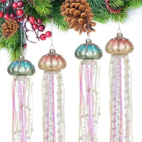 AvviKro 4 Pieces 13" Christmas Tree Hanging Ornaments Plastic Jellyfish Rhinestone Pearls Beaded Streamers Coastal Pendants Xmas Party Decoration Mini Christmas Tree Ornaments
