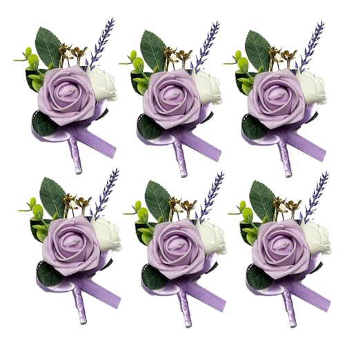 BECIEM 6PCS Purple Lavender Boutonniere for Men, Lilac Boutonniere Pins for Men Groomsmen Guest, Artificial Flowers for Wedding Decor Prom Homecoming