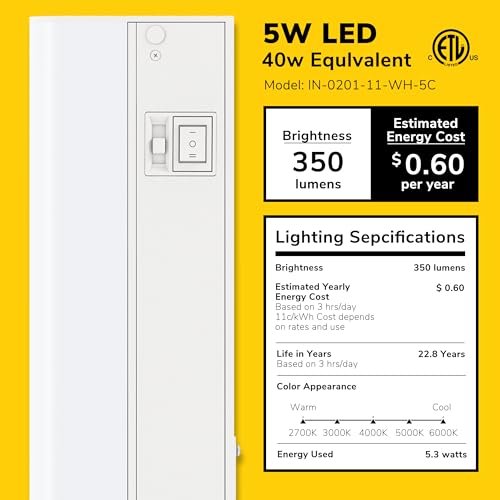 Image of GETINLIGHT 12-inch Hardwired Only 5 Color LED Under Cabinet Lighting, Selectable 2700 /3000 /4000 /5000 /6000K, Dimmable, Matte White Finished, ETL Listed, IN-0201-11-WH-5C