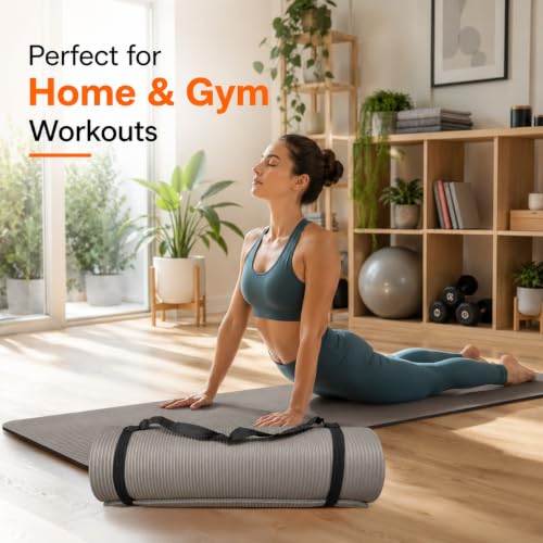 Image of Yoga & Exercise Mat with Carry Strap | Nitrile Butadiene Rubber (NBR) Anti-Slip Workout Mat for Yoga, Pilates, Meditation, Stretching & Home Gym Fitness | Men & Women (Grey-10mm)
