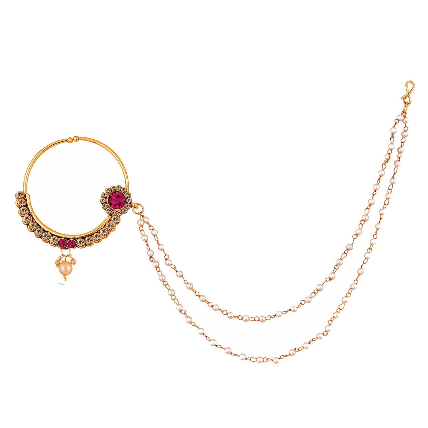 Lucky Jewellery 18 K Gold Plated Diwali/Dhanteras/Bhai Dooj Collection Golden Magenta Color Alloy Wedding Suhag Nath for