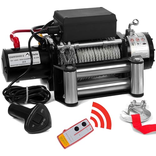 ROTFUCHS Elektrische Seilwinde 12v mit Funkfernbedienung – 5909 kg 13000 lbs, 6 PS Power Offroad 4x4 Motorwinde Bergewinde Forst Seilzug mit Stahlseil