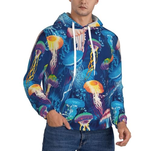 nanger Colored Jellyfish Print Men'S Casual Hooded Sweatshirt, Thin Fleece Long Sleeve Hoodie Pullover With Pocket