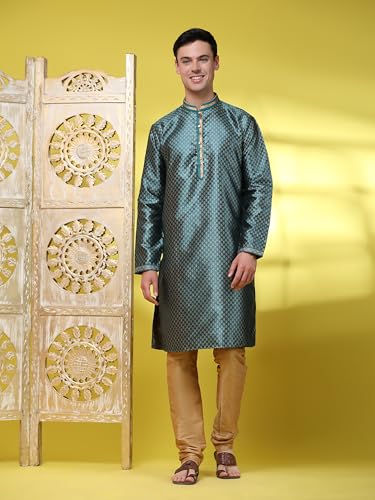 SKAVIJ Men's Embroidered Kurta Pajama Set Jacquard Silk Ethnic Motifs 2-Piece Set4