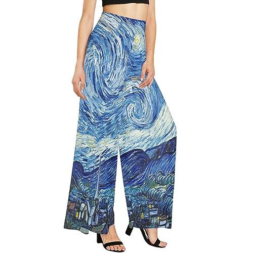Irisjudy Womens Casual Wide Leg Long Lounge Pant Trousers, Monet Art Elastic High Waisted Palazzo Trousers Plus Size Clubwear3
