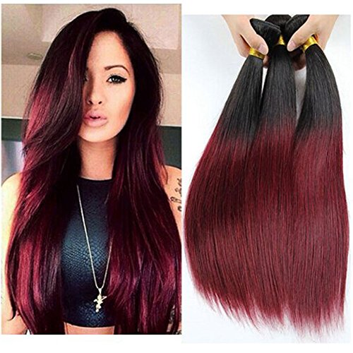 XCCOCO Brazilian Silky Straight Real Human Hair Extension 3 Bundles Black to Wine Red Ombre Two Tone Hair Weave Wefts(T1B/99J,14",16", 18")