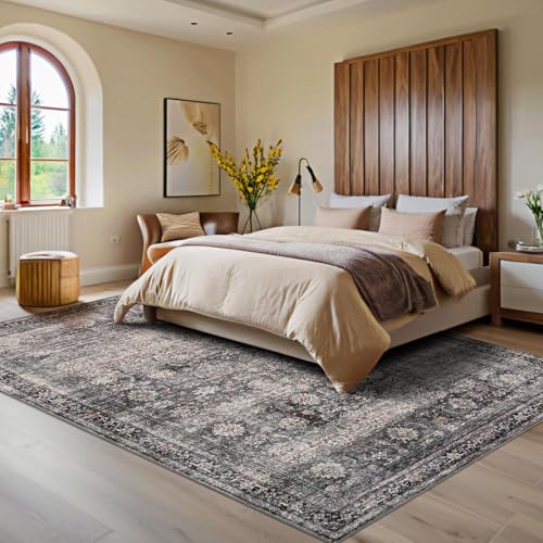 GarveeHome Area Rugs 3x5 Vintage Printed Floor Carpet with Non-Slip Backing, Stain-Resistant Oriental Throw Bedside Washable Farmhouse Low Pile Rugs for Living Room, Bedroom, Office, Green Camel
