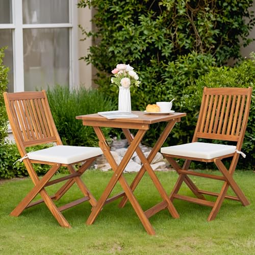 Image of Greesum 3 Piece Patio Folding Furniture Bistro Set with 2 Chairs and Square Table for Pool Beach Backyard Balcony Porch Deck Garden,Acacia Wood