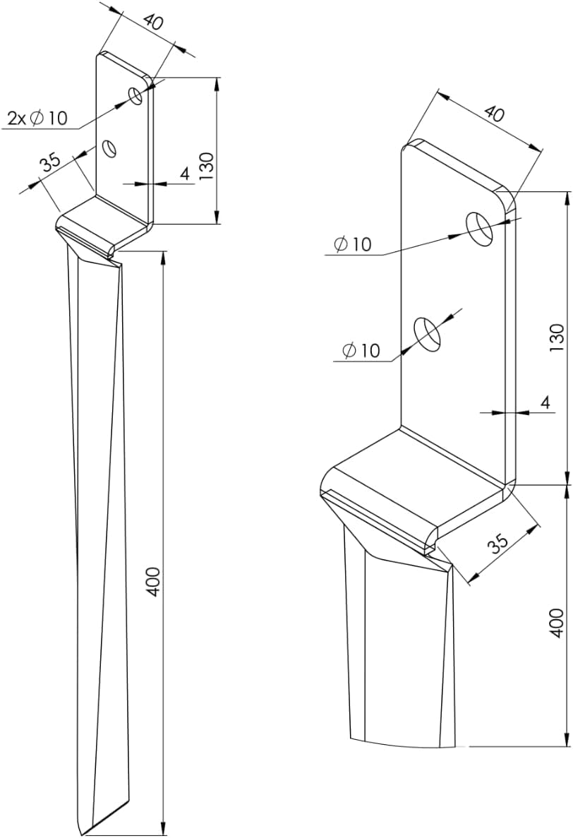 TRIBECCO Douille de sol à enfoncer en forme de L pour poteaux en bois carrés. Dimensions : 40 x 530 mm. Support de poteau en L à enfoncer dans le sol. Chaussure de support universelle en L en acier
