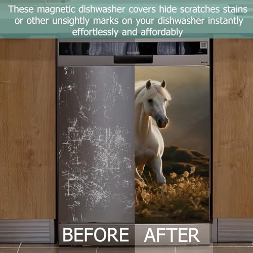 Image of Galloping Horse Refrigerator Magnet Cover,White Horse Washable Dishwasher Magnets Decorative Cover,Home Kitchen Decorative Dishwasher Front Panel Cover 23x26 Inch