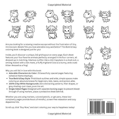 Capybara, Axolotl, Cat, & Highland Cow in Animals Costumes Coloring Book: Bold and Easy Cute Chibi Kawaii Coloring Pages for Adults, Kids, and Teens with Simple and Funny Outfits for Stress Relief – vue 2
