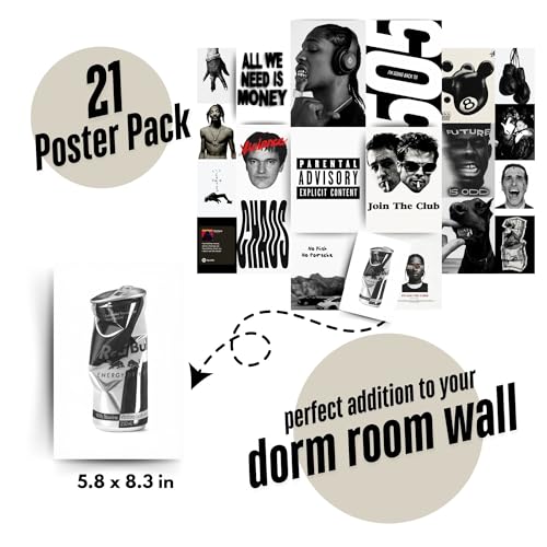 Image of Yellow Town India Hip Hop Flo Wall Collage Kit | 21 Rap & Hip-Hop Posters + Wall Friendly Adhesive | Black & White Rap Culture Aesthetic Prints for Men's Bedroom, Dorm & Studio