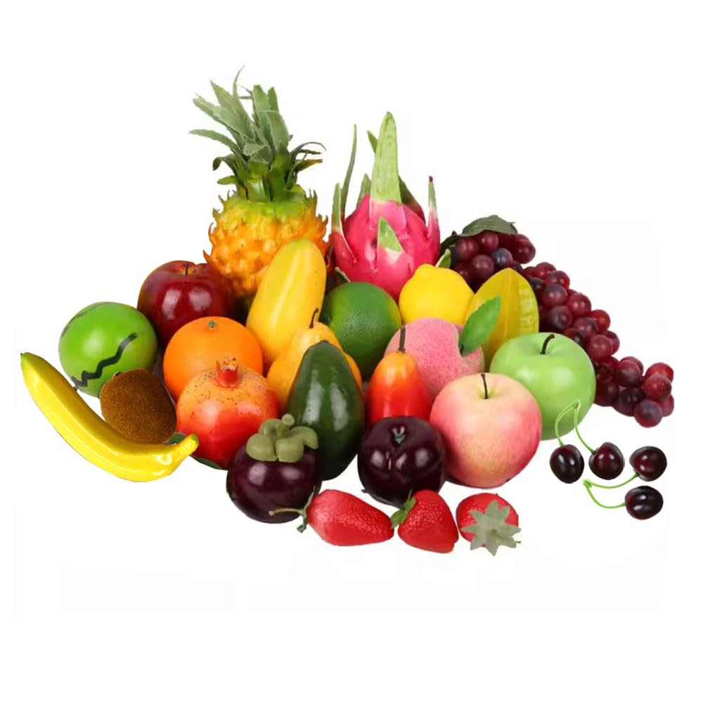 MQIONGJOOY 26 Pcs Artificial Fruit for Decoration, Lifelike Realistic Fake Mixture Fruit Model, Simulation Fruit for Photoshoot Home Kitchen Party Decor