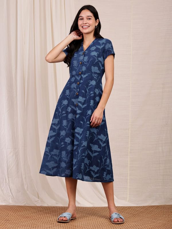 Image of Pink Fort Women Casual Cotton Handblock Dabu Floral Dress | A-Line Fit Short Sleeve 2 Functional Pockets | Navy Blue