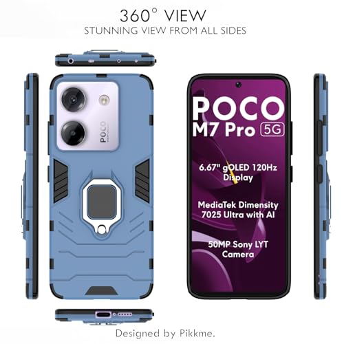 Image of Pikkme Back Cover for Poco M7 Pro 5G | 360 Protection Case | Ring Holder Stand D5 Tough Armor Bumper Case (Blue)