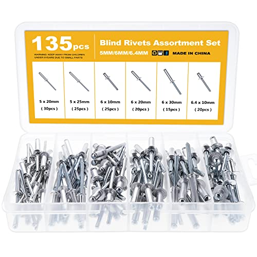 Knpwer 135 Stück 6 Größen Aluminium Blindnieten,Popnieten Sortiment,Dome Blind Nieten,Blindnieten Sortimen Cover