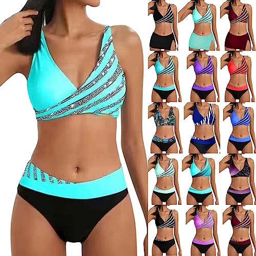 2024 Damen Bikini Set Zweiteiliger Badeanzug V Ausschnitt überkreuztes Bikini Bademode Bauchkontrolle High Waist Bikini Sets Swimsuit Push Up Strandbikini Triangel Breites Swimsuit