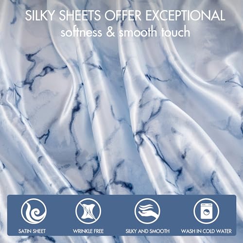 Image of Madison Park Essentials Satin Sheets Twin Size Bed Set, 3 Pcs, Blue Marble | Luxury and Smooth Silky Bedding with Natural Sheen, All Around Elastic 14 inch Pocket fits up to 16 inch Mattress, Year-Round Cozy