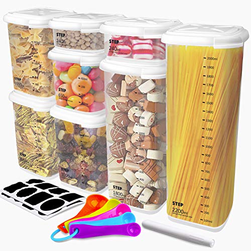 Food Storage Containers with Airtight Lids, Tintec BPA Free Food Grade Plastic Kitchen and Pantry Cereal Flour Containers, with 16Pcs Chalkboard Labels, Marker Pen and Measuring Spoon Set (8 Pack)