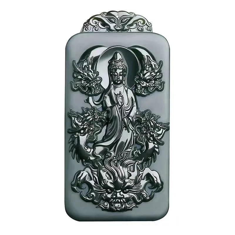 Pendentif Hetian Cyan Jade protecteur, collier spirituel Guanyin en néphrite
