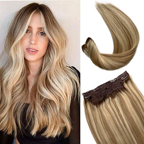 Invisible Ombre Brown Halo Extensions Fine Thick Human Hair Ash Brown to Blonde Balayage Highlights Halo Extension 16 Inch 80grams Straight Ombre Highlight Hair One Piece