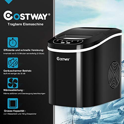 COSTWAY Eiswürfelmaschine 12KG/24H, Ice Maker 9 Eiswürfel in 6-13min, Eismaschine 2,2L Wassertank, Eiswürfelbereiter 2 Eiswürfelgrößen inkl. Schaufel, 25x36x33cm (Schwarz) – Bild 5
