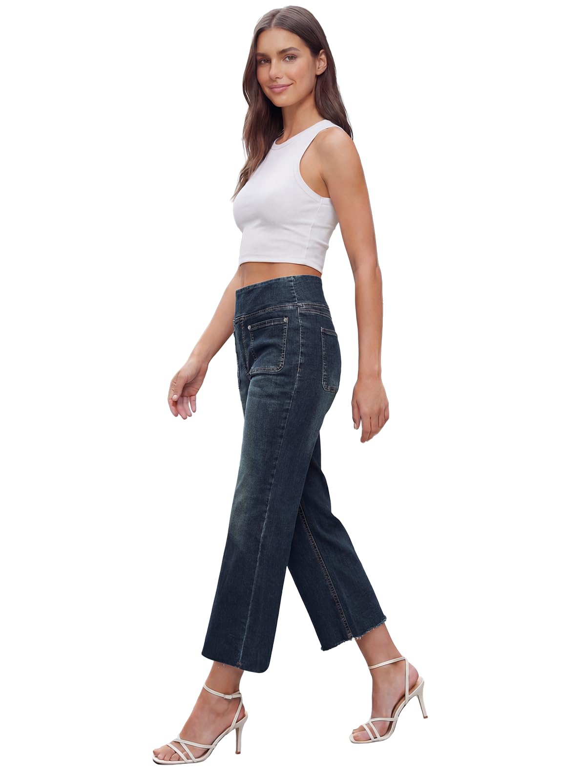 Jeans Donna, Vintage Pantaloni Donna Palazzo Vita Alta Jeans a Zampa Elastico Curvy Straight Ankle con Tasche Estivi