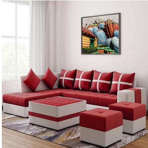 L Shape 7 Seater Sofa Set for Living Room, Hotels & Lounge | L Shape Sofa with Center Table and 2 Puffy & Comfortable Cushion (Red)-image-19