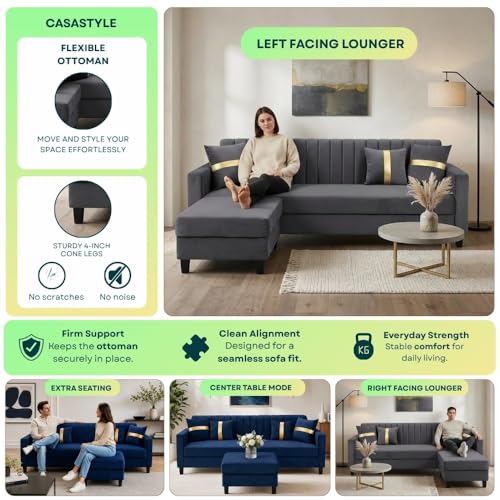 Image of CASASTYLE Korion 4 Seater L Shape Sofa Set with Movable Ottoman | Flexible Left or Right Layout | Cozy Velvet Fabric | Soft Touch Seating | Modern Designer Sofa for Living Room (Dark Blue)