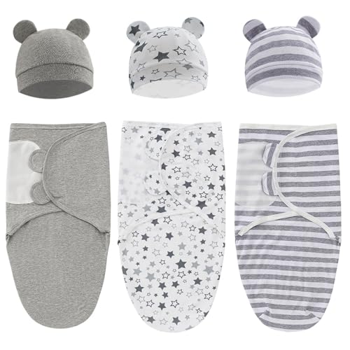 Image of Exemaba Baby Swaddle Sleep Sack with Hat Set for 0-3 months 3-Pack Soft Cotton Newborn Wearable Swaddle Wrap for Girls Boys
