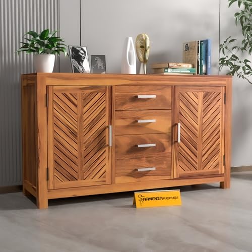 Image of Solid Sheesham Wood Sideboard Cabinet with 4 Drawers & 2 Doors | Rosewood Storage Cabinet for Living Room, Dining Room & Office (Honey Finish)