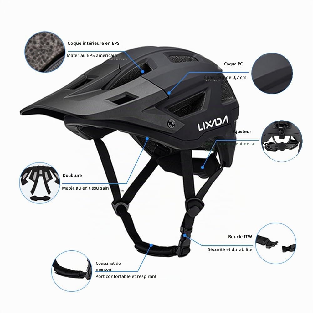 Kavolet Casque de vélo pour adulte - Casque de VTT pour homme et femme - Tour de tête de 55 à 61 cm - Cadran réglable - Visière amovible - 14 ouvertures d'aération