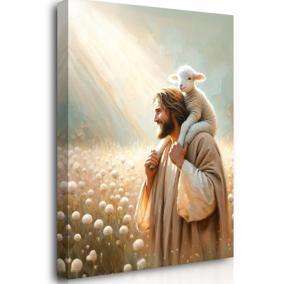 Reateforin Lamb Sits Jesus Shoulder in Sunny Day Wall Art Framed Canvas,Christian Wall Decor Art Jesus and Lamb Painting Wall Decor LDS Bible Verse Prints Good Shepherd Posters for Bedroom 16"x24"
