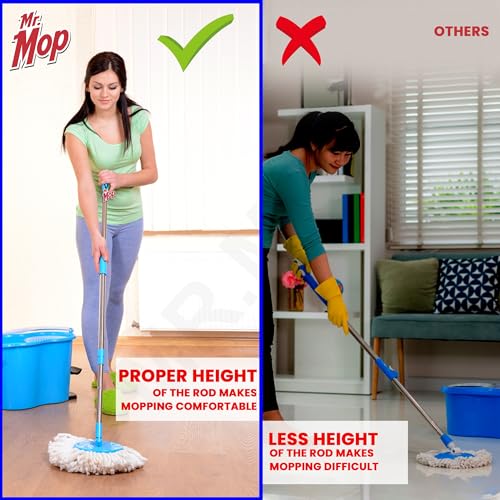Image of Mr.Mop 360 Degree Round Spin Bucket Mop for Floor Cleaning with Rod Stick and 2 Microfiber Refill | Magic Pocha Set (Blue (Steel Jali))