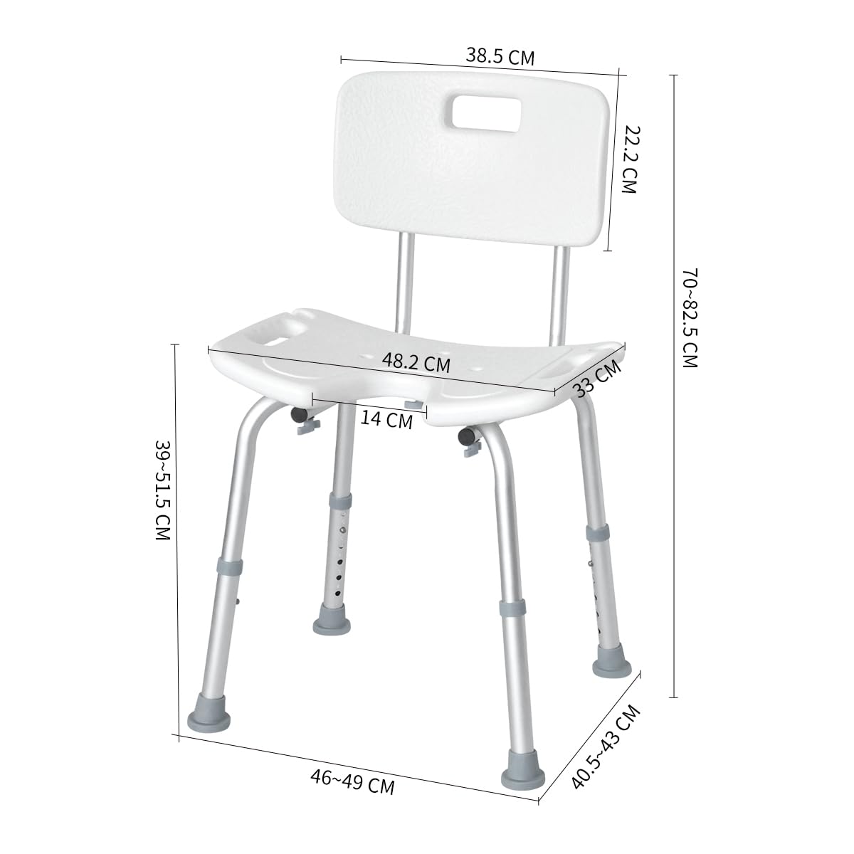 Sedia Per Doccia Anziani - 6 altezze, Sedia Doccia Disabili e Anziani - Seduta Ergonomica con Foro a U, Puntali Antiscivolo, Dimensione Seduta 33x48cm, Peso Massimo 120 kg