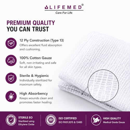 Image of LifeMed Sterile Absorbent Gauze Swabs 7.5 x 7.5 cm, 12 Ply, 50 Dressings (10 Packs x 5)
